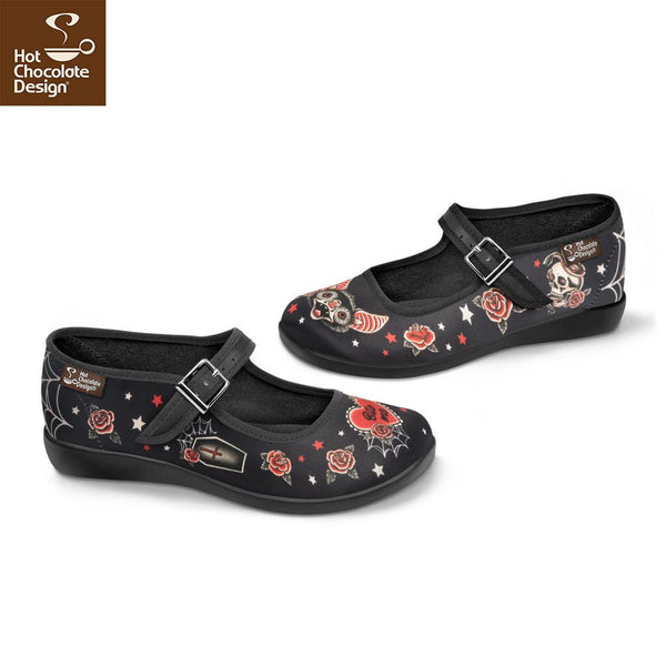 Chocolaticas® Dark Tattoo Mary Jane pour femmes - Chaussure plate - Retro Eclectic